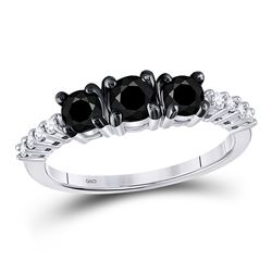 10kt White Gold Womens Round Black Color Enhanced Diamond 3-stone Bridal Wedding Ring 1.00 Cttw