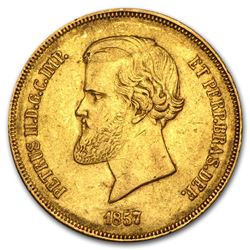 1851-1889 Brazil Gold 20,000 Reis Pedro II Avg Circ (Random)