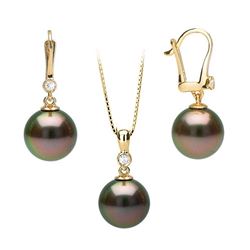 Black Tahitian Pearl and Diamond Bezel Dangle Earrings and Pendant Set