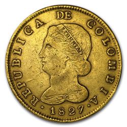 1827 Colombia JF Bogota Gold 8 Escudos VF