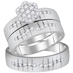 14kt White Gold His & Hers Round Diamond Cluster Matching Bridal Wedding Ring Band Set 5/8 Cttw