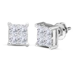 14kt White Gold Womens Princess Diamond Square Earrings 1/2 Cttw