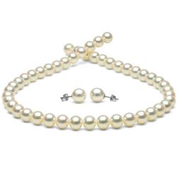 White Hanadama Japanese Akoya Pearl Jewelry Set, 8.5-9.0mm