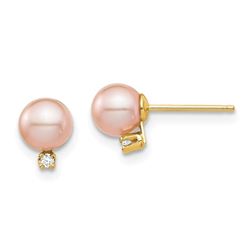 14k Yellow Gold Pink Round Pearl .02 ct Diamond Post Earrings