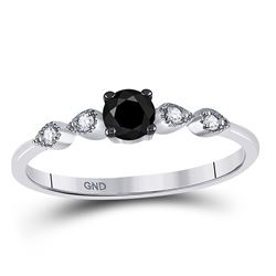 10kt White Gold Womens Round Black Color Enhanced Diamond Solitaire Bridal Wedding Ring 1/3 Cttw