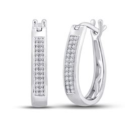 Sterling Silver Womens Round Diamond Oblong Double Row Hoop Earrings 1/6 Cttw