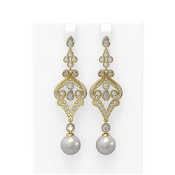 4.57 ctw Diamond & Pearl Earrings 18K Yellow Gold