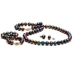 Black Freshwater Pearl 3-Piece Jewelry Set, 7.5-8.0mm