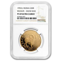 1992 Russia Gold 50 Roubles Snow Ram PF-69 NGC