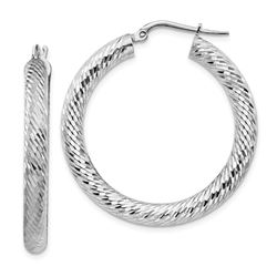 14k White Gold Diamond-cut Round Hoop Earrings - 4x25 mm