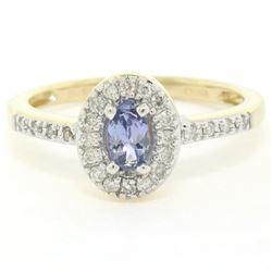 NEW Petite 14K Yellow Gold 0.50 ctw Oval Cut Tanzanite Ring w/ Round Diamond Hal