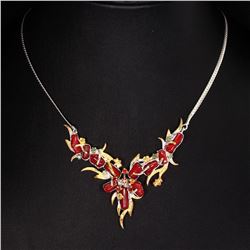 Handmade Natural Red Coral Emerald Sapphire Necklace