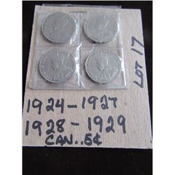 1924, 1927, 1929 & 1929 CANADA SILVER FIVE CENT COINS