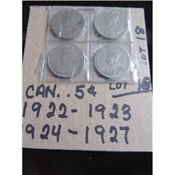 1922, 1923, 1924 & 1927 CANADA SILVER FIVE CENT COINS