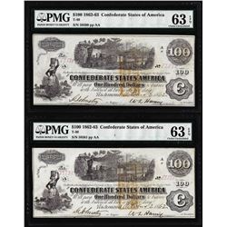 (2) Consecutive 1862 $100 Confederate States of America Notes PMG Ch. Uncirculated 63EPQ