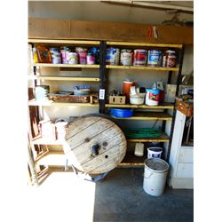 2 METAL SHELVES & CONTENTS INCLUDING WOOD REEL, WATER HOSE, PAINT, ETC