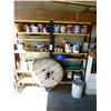 Image 1 : 2 METAL SHELVES & CONTENTS INCLUDING WOOD REEL, WATER HOSE, PAINT, ETC