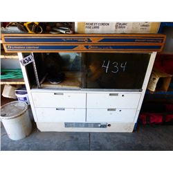 WHITE CUPBOARD & CONTENTS INCLUDING HATS, KNEE PADS, HARNESS, CEILING FAN, FLUOR LIGHT BULBS, ETC