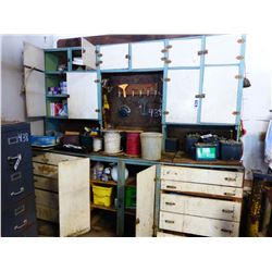 WHITE/BLUE WOOD CUPBOARD & CONTENTS