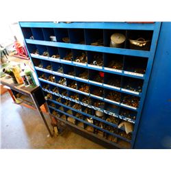 GREY CONSOLE STORAGE BOX & 3 SECTION LARGE ROLLING METAL BOLT BIN/STORAGE CABINET & CONTENTS