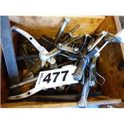 WOOD CRATE WITH GEAR PULLERS, CLAMPS, ETC