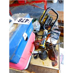 2 TACKLE BOXES, 2 GREASE GUNS, HALOGEN WORK LIGHT, OILERS, BELTS, ETC - BUNDLE