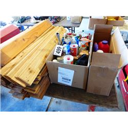 2 BOXES GARDEN/YARD CHEMICALS, 4 WAY WRENCH, WINDEX, RUG SHAMPOO, CAULKING, WOOD STAKES, ETC