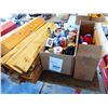 Image 1 : 2 BOXES GARDEN/YARD CHEMICALS, 4 WAY WRENCH, WINDEX, RUG SHAMPOO, CAULKING, WOOD STAKES, ETC