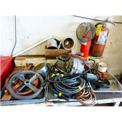 EXTENSION CORDS, 2 FIRE EXTINGUISHERS, MOTORS, PULLEYS, ETC (CONTENTS ON WHITE CABINET)