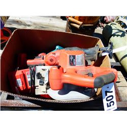 BOX WITH MILWAUKE CORDLESS SAW, SAWZALL, DRILL, CHARGERS & BATTERY