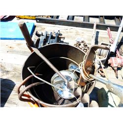 OLD OIL PAIL WITH MEAT HOOKS, DRILL BIT, LIGHT, ETC