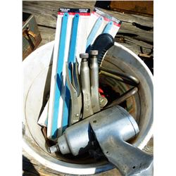 PAIL C/W SAW BLADES, AIR RATCHET, CLAMPS, HAMMER, CHAIN, ETC