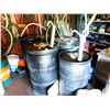 Image 1 : 4 PLASTIC OIL BARRELS C/W QUANTITY OF OIL WITH PUMPS IN DOUBLE DOOR BUILDING