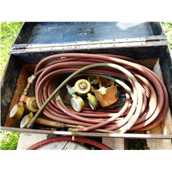 WOOD BOX WITH OXY ACETYLENE HOSE & GAUGES