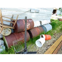 4 STEEL BARRELS, PLASTIC PAILS, CHAIRS, ETC