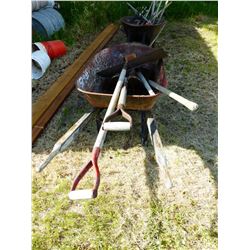 2 WHEEL BARROWS WITH ASSORTED GARDEN TOOLS