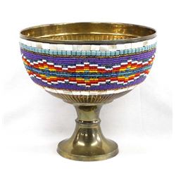 Hand Beaded Brass Pedestal Vase by Kills Thunder
