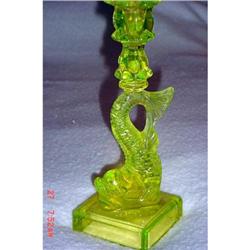 Candlestick, vaseline glass, dolphin #940327