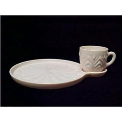 Pink Milk Glass Snack Set ? Jeannette Feather #940908