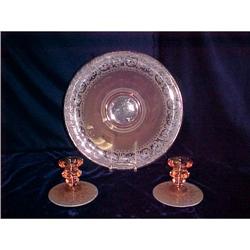 Pink Depression Fruit Bowl and Candle Holders #940944