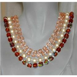 Vintage Four Strand Pink Glass Beaded Necklace #941163