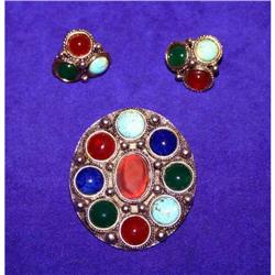 Retro Glass Cabochon Brooch & Earrings  #941166