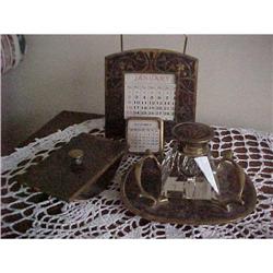 4 Pc.Desk Set, Brass,cut glass Ink well #943073