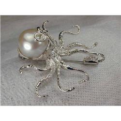 Rare 14K WG Gold Pearl Diamond Octopus Brooch #951697