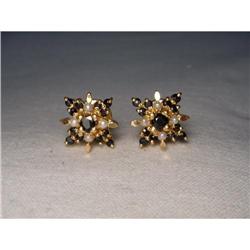 Estate 24K 22K YG Sapphire Seed Pearl Earrings #951729