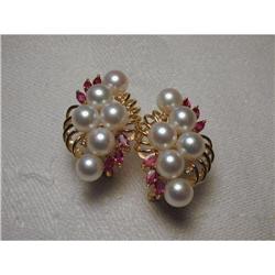 14K YG Cultured Pearl Ruby Diamond Earrings #951786