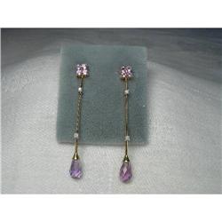 Estate 14K Gold Diamond Amethyst Drop Earrings #951820