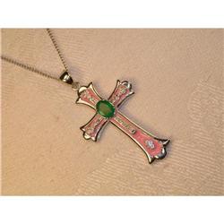 Estate 14K WG Emerald Diamond Cross Pendant #951827