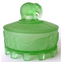 ELEPHANT CAROUSEL Green Satin Glass Dresser Jar #958225