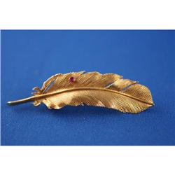 14K Gold Leaf Brooch/Pin with Ruby-LOWERED RES! #958884